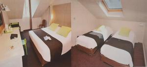 - une chambre avec 2 lits et des oreillers jaunes dans l'établissement Campanile Vannes, à Vannes
