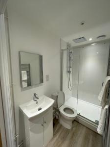 a bathroom with a toilet and a sink and a shower at The Dormy House in Tenby