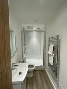 a bathroom with a shower and a toilet and a sink at The Dormy House in Tenby