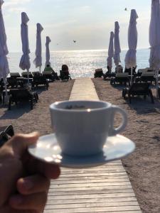 a person holding a cup of coffee on the beach at Sonio Boutique Hotel in Mamaia