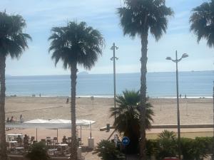 Blick auf einen Strand mit Palmen und das Meer in der Unterkunft Apartamento Marinero en Primera Linea in Villajoyosa