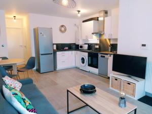 a kitchen and living room with a couch and a table at Le Moulin du Lac, Terrasse, Neuf in Saint-Paul-lès-Dax