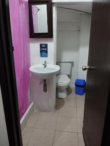 La salle de bains est pourvue d'un lavabo et de toilettes. dans l'établissement Hotel Colonial Armenia RO, à Armenia