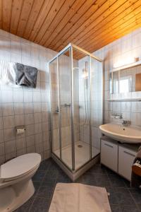 a bathroom with a shower and a toilet and a sink at Gästehaus -Pension Edelweiss in Vent