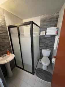 y baño con ducha, aseo y lavamanos. en Casa Luxxury Celaya, en Celaya