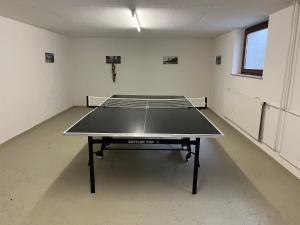 a ping pong table in a room with a tennis court at Helle Wohnung mit großem Balkon in Oberreute