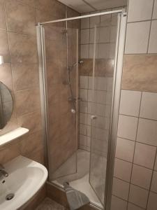 a shower with a glass door in a bathroom at Zur Edlen Krone in Neuhausen