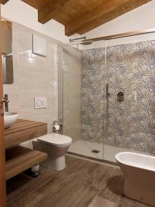 a bathroom with a shower and a toilet and a sink at La Volpe Rossa Rooms and Apartments in San Felice del Benaco