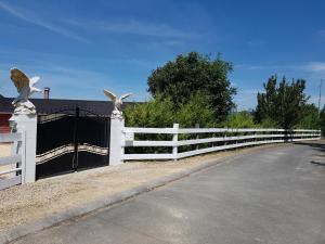 a white fence with two rabbits on it next to a road at Montagne - Chambre d'Hote(s) in Cuhon