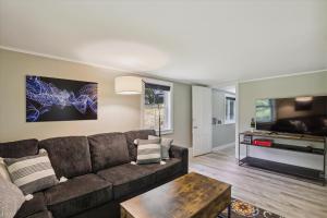 a living room with a couch and a flat screen tv at Stowe Gallery Apartment in Stowe