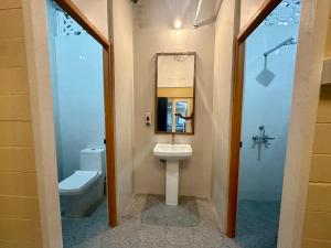 a bathroom with a toilet and a sink and a mirror at Coco Hostel Goa in Palolem +30 photos