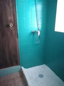 y baño con ducha y pared de azulejos azules. en Casa finca Pitusa, en Salvatierra de Miño