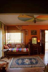 a bedroom with a bed with a surfboard on the wall at Casita de Bosque in Arbúcies
