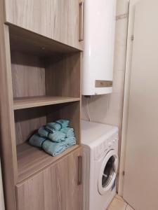 a laundry room with a washer and a washing machine at Appartement mit Seeblick & Seezugang in Sekull