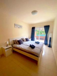 a bedroom with a bed with blue curtains and a window at Playa Maria Appartment 14 (Vista del Valle) in Valle Gran Rey