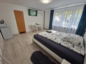 sypialnia z łóżkiem, oknem i stołem w obiekcie Kangaroo w mieście Katowice