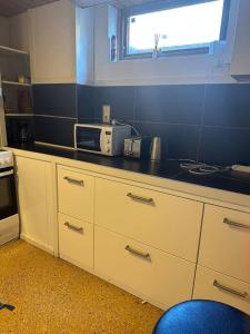 a kitchen with a counter top with a microwave at B & E Apartment in Huddinge