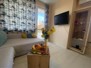 a living room with a couch and a television at Park apartment - Stara Zagora in Stara Zagora