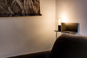 a room with a tv and a lamp on a wall at Grand T2 avec balcon • proche parc de la Tête d'Or in Caluire-et-Cuire