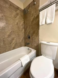 a bathroom with a white toilet and a bath tub at Hotel Carmacks in Carmacks