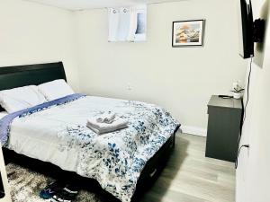 a bedroom with a bed with a blue and white blanket at VJ Home in Toronto