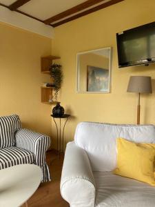 ein Wohnzimmer mit einem weißen Sofa und einem TV in der Unterkunft Ferienhaus Lisa am Silbersee in Frielendorf