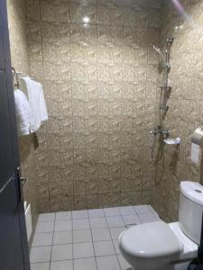 La salle de bains est pourvue d'une douche et de toilettes. dans l'établissement Sunrise Center Bonapriso 104, à Douala