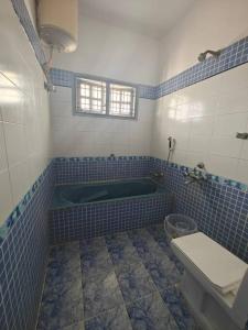 a blue tiled bathroom with a tub and a toilet at Waterfall Villa - 4BHK in Mysore