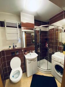 a bathroom with a toilet and a shower and a sink at ClickTheFlat Solidarności City Center Apart Rooms in Warsaw