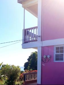 una casa rosa con balcón y un perro en ella en "SunRise Inn" Nature Island Dominica, 
