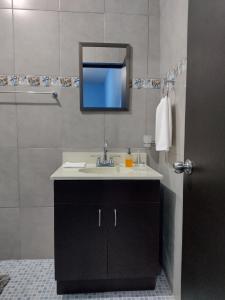uma casa de banho com um lavatório, um espelho e um chuveiro em Hotel Prado´s em San Carlos