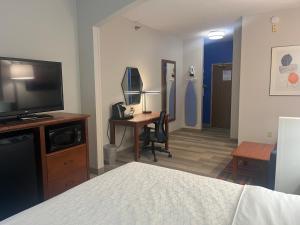 Habitación de hotel con cama, TV y escritorio. en Holiday Inn Express Hotel & Suites Sioux Falls At Empire Mall, an IHG Hotel, en Sioux Falls