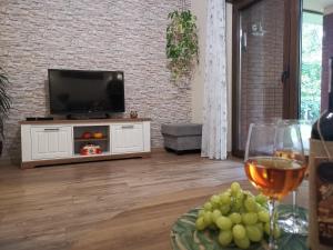 a living room with a television and a table with wine glasses at Apartament Willa Port "Kaczorek" in Ostróda