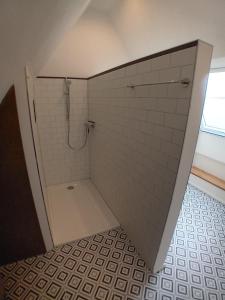 een badkamer met een douche met witte tegels bij Ferienhaus am Kuhstall in Bad Münstereifel
