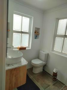 a bathroom with a toilet and a sink and two windows at House On The Hill in Cape Town