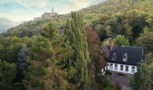 an aerial view of a house in the middle of a forest at Hotel Mühlental in Wernigerode