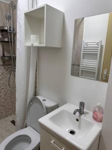 a bathroom with a toilet and a sink and a mirror at Lux Apartment Vivo Mall in Baia Mare