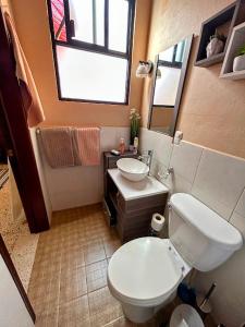 ein Badezimmer mit einem weißen WC und einem Waschbecken in der Unterkunft Casa de las Palmas Guest House in Oaxaca de Juárez