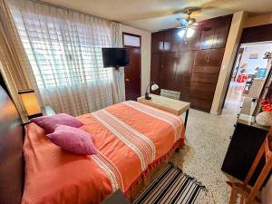 a bedroom with a bed with pillows and a television at Casa de las Palmas Guest House in Oaxaca City