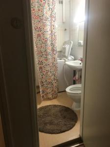 a bathroom with a toilet and a shower curtain at Renovated two room apt in Rauma centre with amenities in Rauma