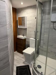 a bathroom with a shower and a toilet and a sink at Stonebarn Lane in Halton