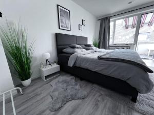 a bedroom with a large bed and a large window at Rü-Premium Apartments in Essen