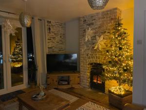 a living room with a christmas tree and a fireplace at Windycroft in Barmouth