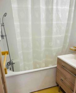 uma casa de banho com uma cortina de chuveiro e um lavatório em Studio confortable et chaleureux, vue magnifique em Saint-Léger-les-Mélèzes
