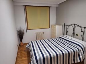 ein Schlafzimmer mit einem Bett mit einer gestreiften Decke in der Unterkunft Piso Millenium in Ourense