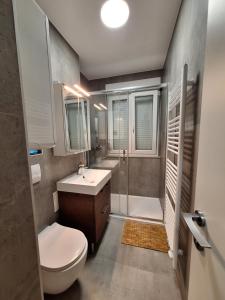 札格雷布的住宿－DOLLY APARTMENT，浴室配有卫生间、盥洗盆和淋浴。