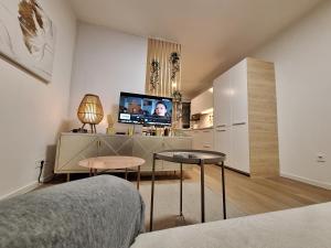 a living room with a bed and a tv in a room at DOLLY APARTMENT in Zagreb