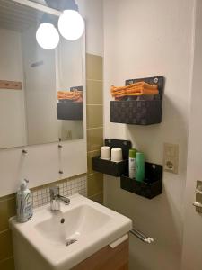 a bathroom with a sink and a mirror at Apartment Geigelsteinstrasse in Schleching