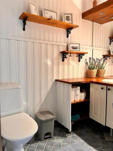 uma casa de banho com um WC branco e um lavatório. em Tirmo Strand em Porvoo