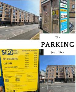 duas fotografias de um sinal de estacionamento e de um edifício em Perfect-City Centre-Apartment em Birmingham